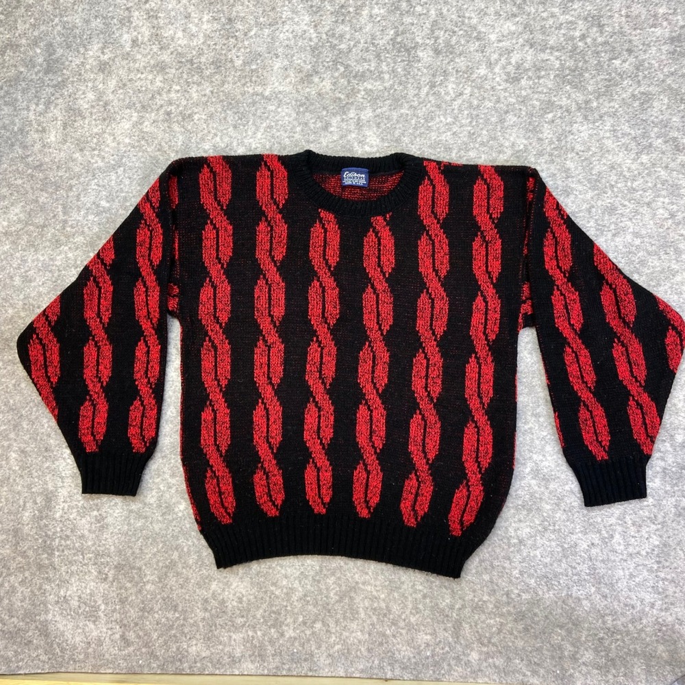 Edison Vintage Knitwear Black Red Cable Knit Sweater Men's Size Medium‎
